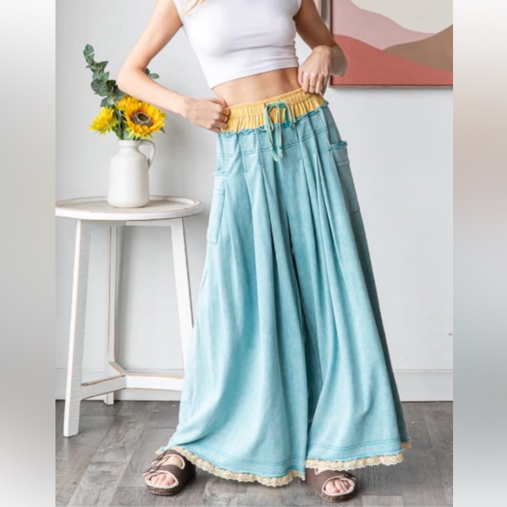 Oli & Hali Blue Wide-Leg Pants with Yellow Waistband